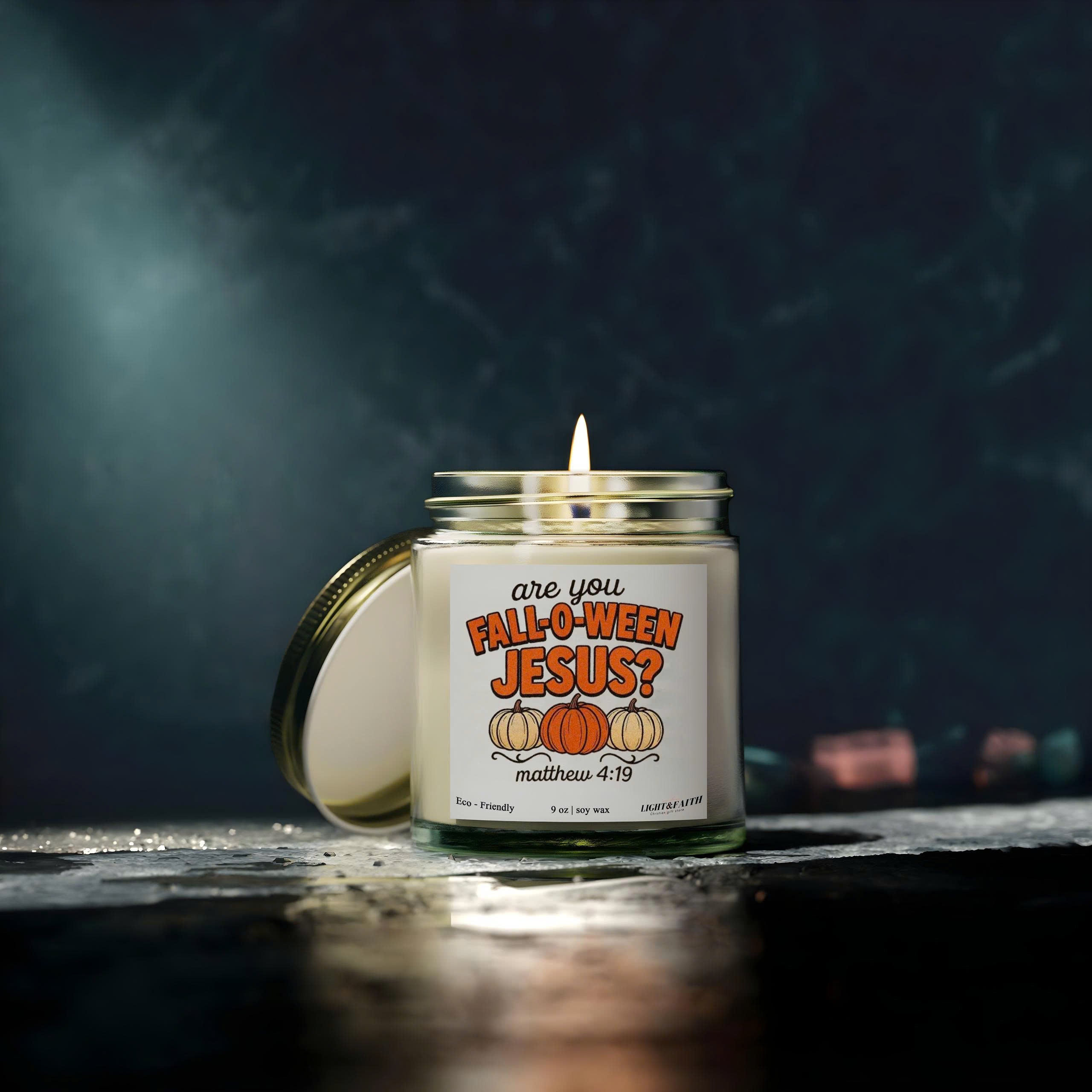 Are You Fall-O-Ween Jesus Candle, Matthew 4:19 Bible Verse, Fall Pumpkin Design, Christian Halloween Candle Gift CDLAF24